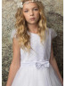 Cap Sleeves White Lace Organza Tea Length Flower Girl Dress